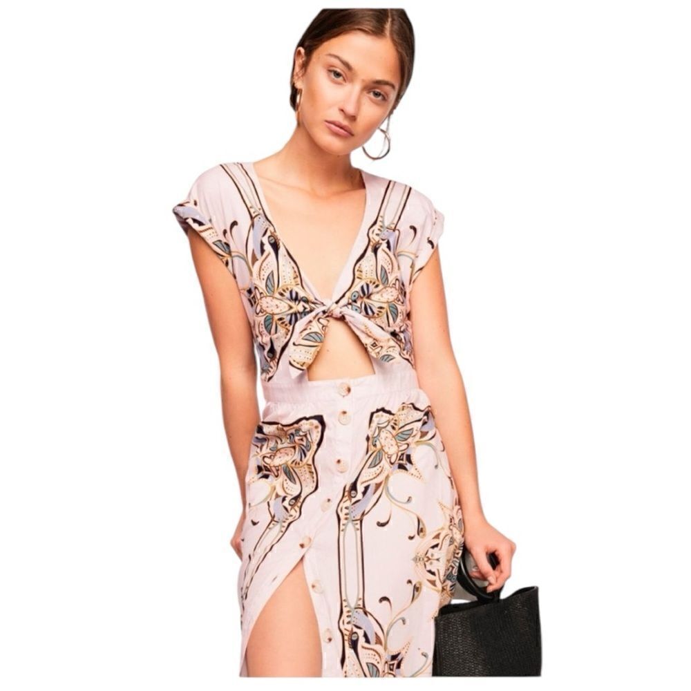 Free People Linvilla Beige Poplin Printed Midi Dress Size 6